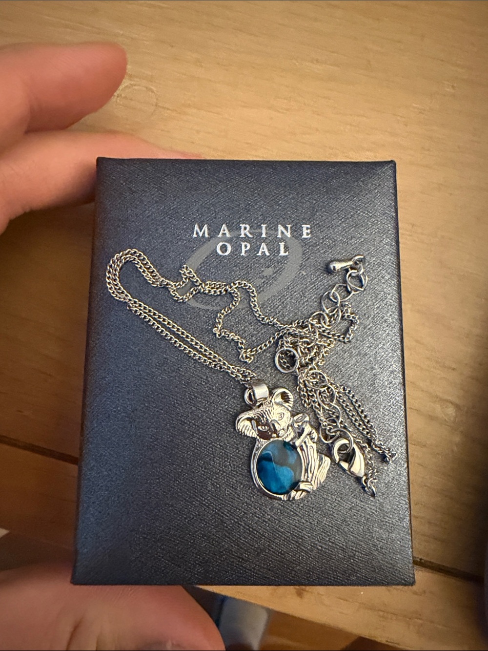 Silver Koala Pendant Necklace with Blue Opal Stone